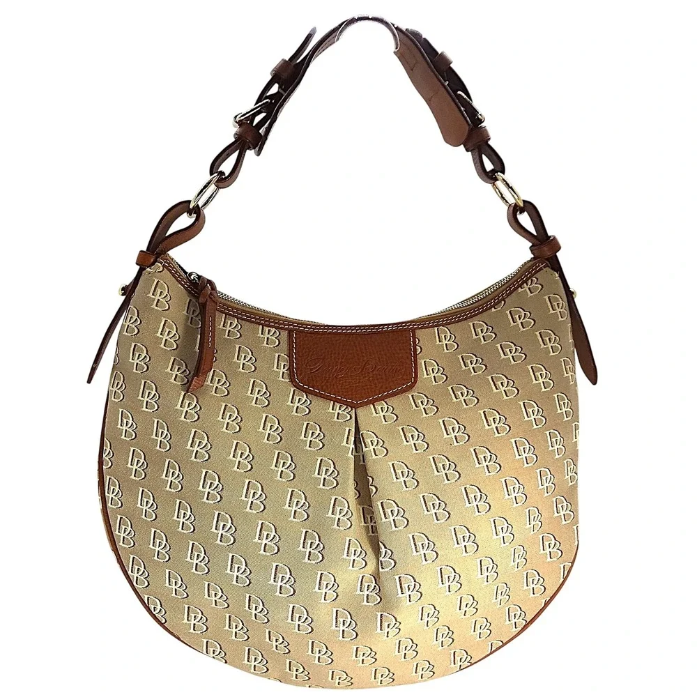Dooney & Bourke Monogram Shoulder Bag‎ Tan Brown Leather Trim Hobo Bag